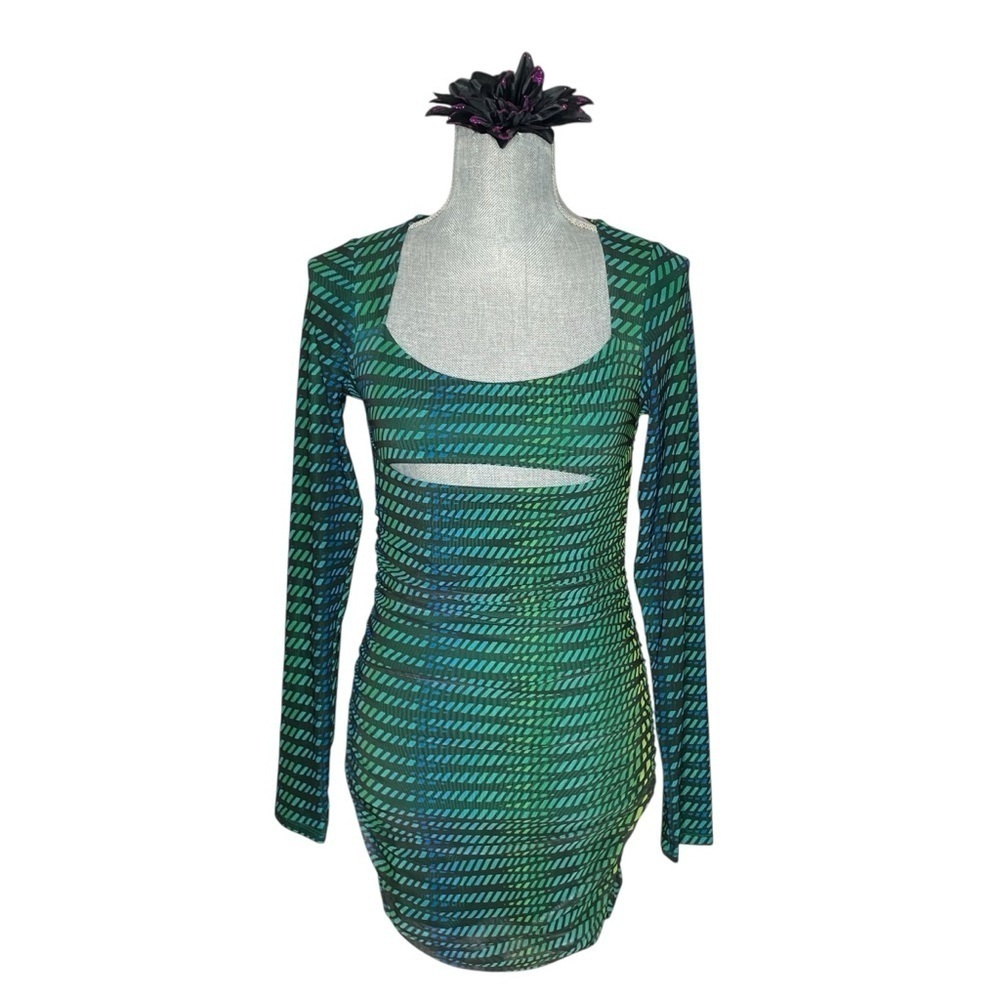 Oh Polly Dress Womens Mini Green Striped Print Bodycon Long Sleeve Cut Out Sz 8 - Picture 2 of 15